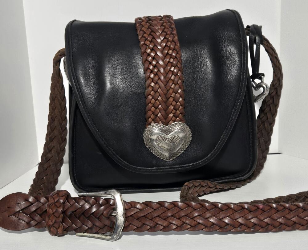 Vintage Brighton Purse Bag Black Leather Crossbody Braided Heart western